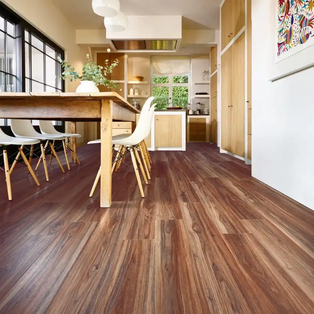 A contemporary dining room with waterproof vinyl flooring