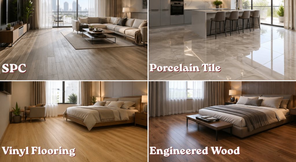 SPC vs tile vs vinyl vs engineered wood flooring comparison in modern Dubai home interiors