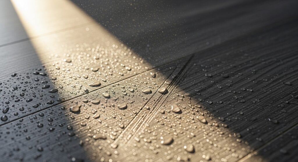 Waterproof SPC vinyl flooring with water droplets in sunlight.