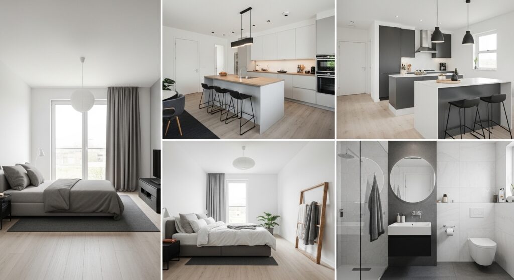 Modern home interior featuring high-quality SPC flooring in the bedroom and luxury vinyl tile in the kitchen.