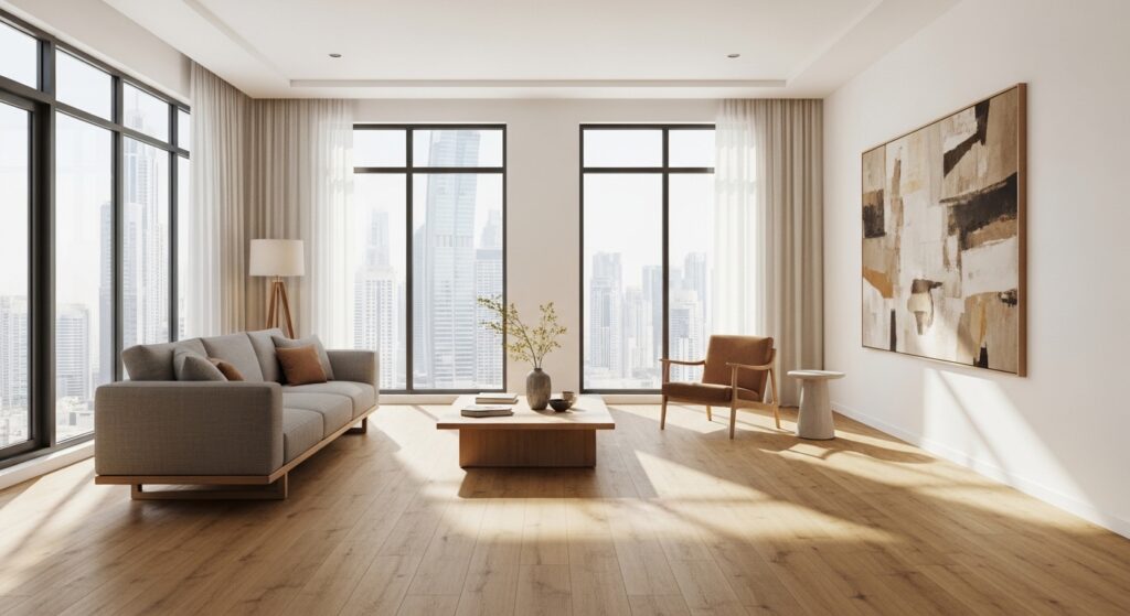 modern Dubai home interior showing flooring exposed to sunlight and heat through large windows