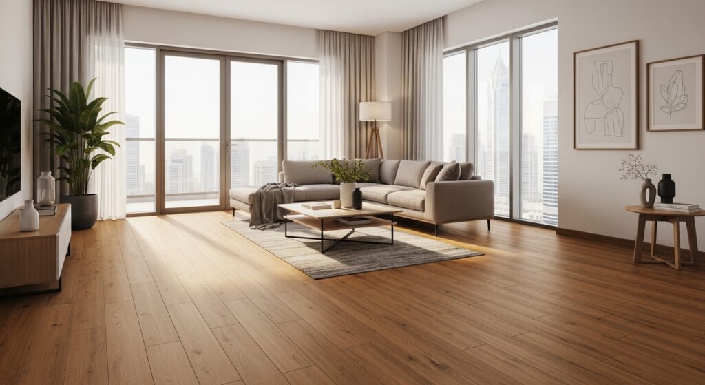 modern living room with SPC flooring durable wood look flooring Dubai home