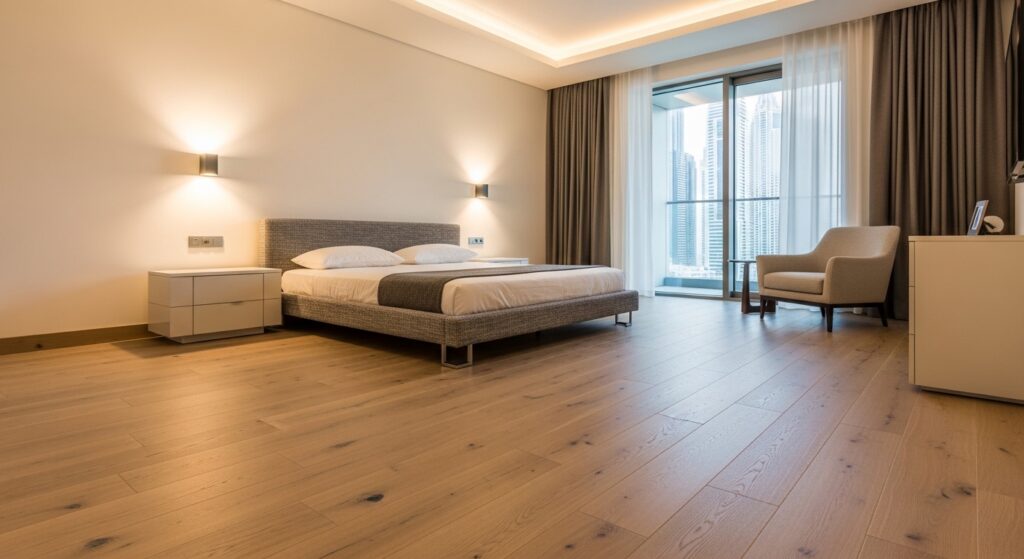 elegant bedroom with engineered wood flooring natural wood finish interior design