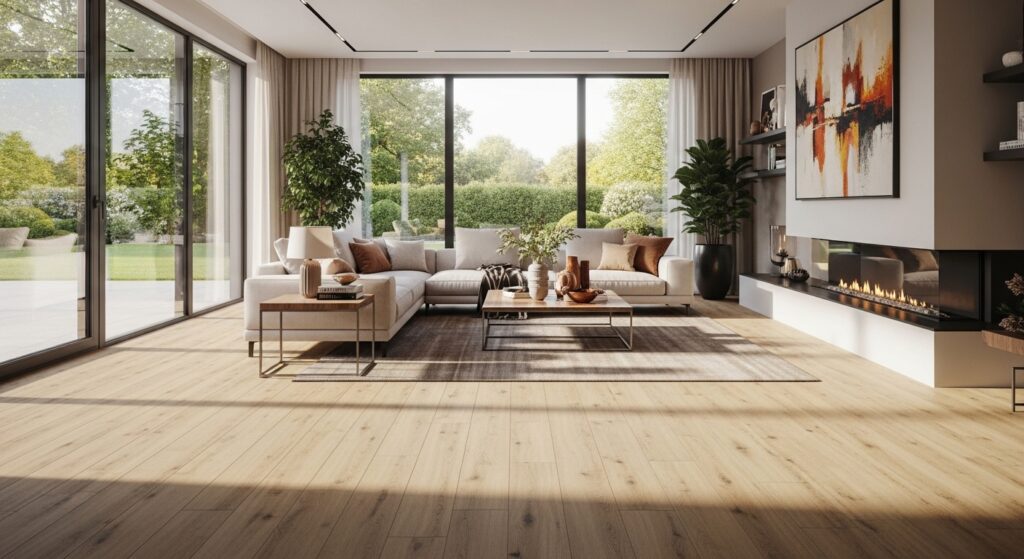 spc click vinyl flooring installed in modern living room with natural sunlight