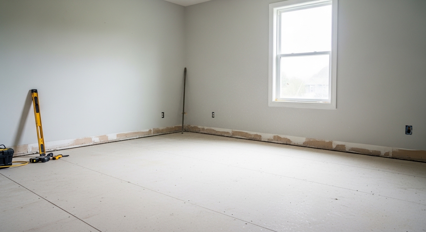 self leveling compound applied on subfloor for smooth flooring surface