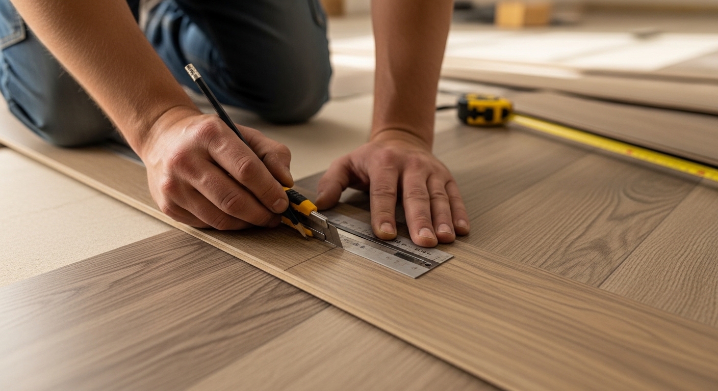 cutting vinyl plank with utility knife during spc flooring installation