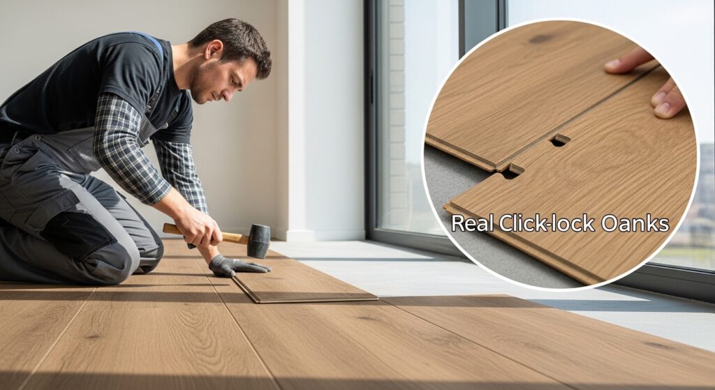 click lock spc flooring installation process close up plank locking