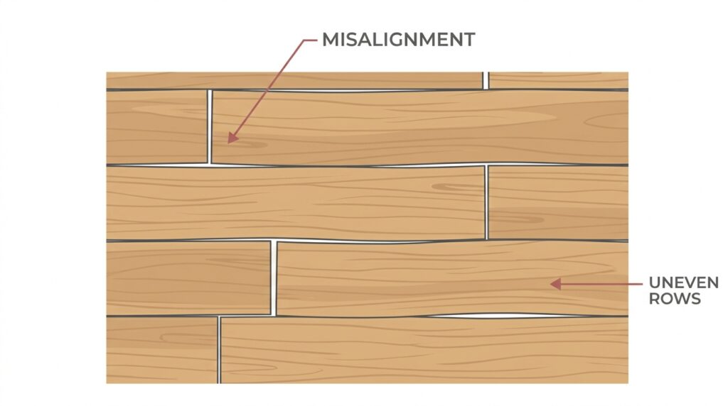 misaligned vinyl plank flooring rows showing poor installation and uneven spacing